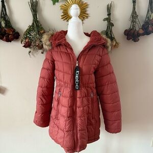 Bebe Coral Red Quilted Jacket with Faux Fur Trim